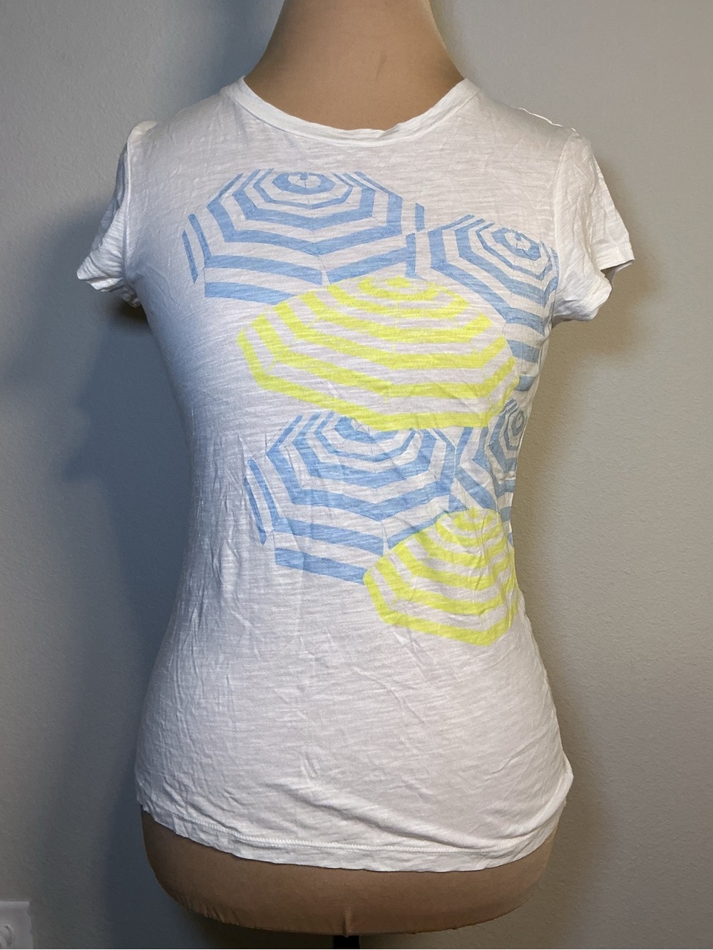 Women’s White Graphic Tee with Blue and Yellow Umbrella Print - Picture 1 of 7